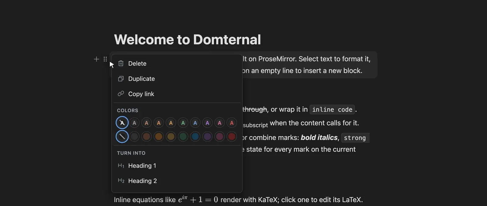The Notion-mode editor with a block drag handle in the gutter and the block menu open, showing Turn into, Duplicate and colour options