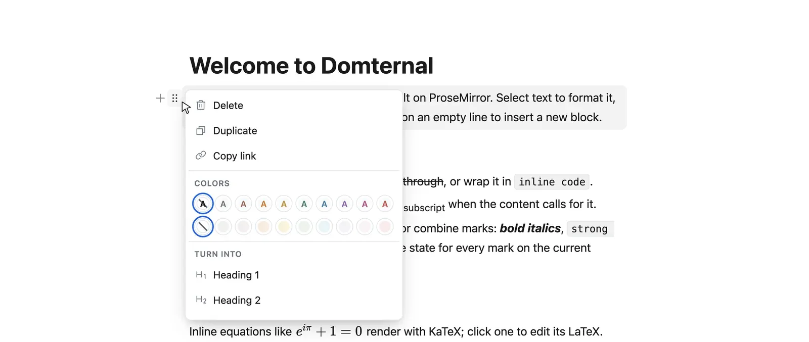 The Notion-mode editor with a block drag handle in the gutter and the block menu open, showing Turn into, Duplicate and colour options