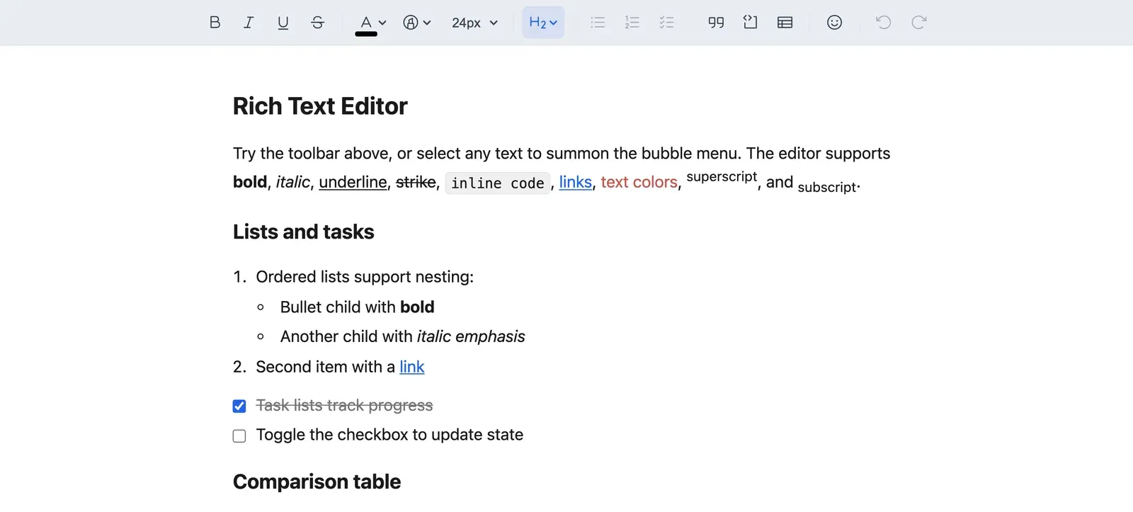 The full Domternal toolbar in one strip, showing text style, colour, alignment, list, table, image and emoji controls