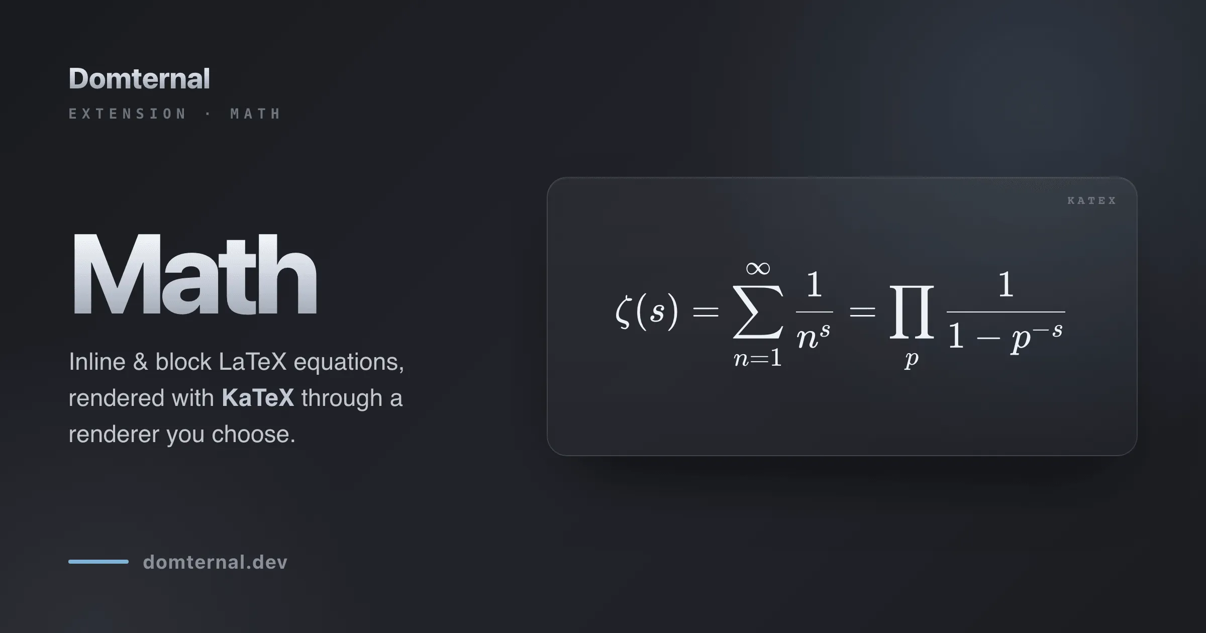 LaTeX math for Domternal: inline and block equations through a pluggable renderer, KaTeX by default