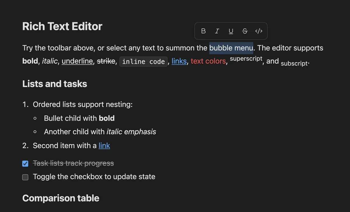 A floating bubble menu with bold, italic, underline, strike and code buttons, appearing above a selected phrase