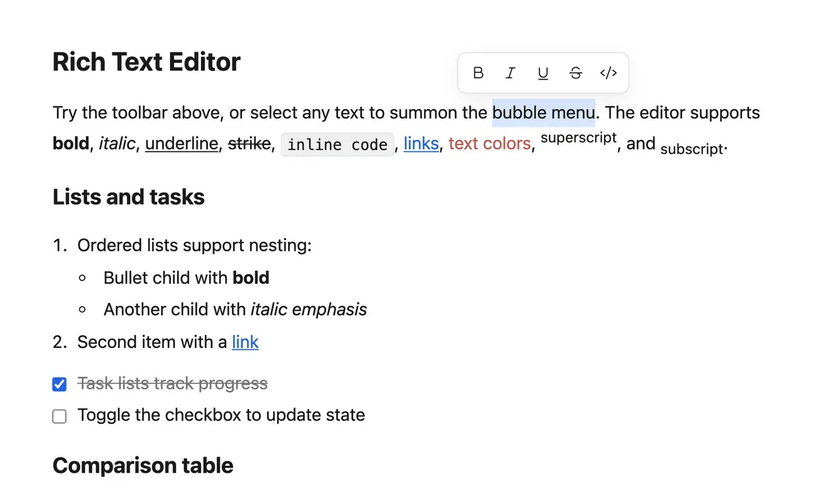 A floating bubble menu with bold, italic, underline, strike and code buttons, appearing above a selected phrase