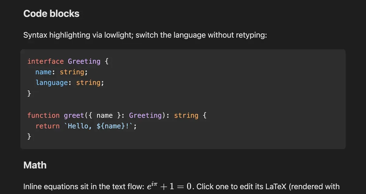 A syntax-highlighted TypeScript code block inside the editor