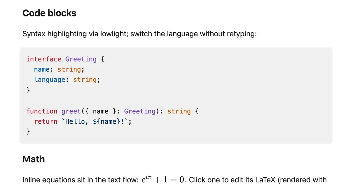 A syntax-highlighted TypeScript code block inside the editor