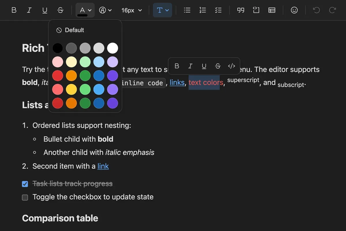 A grid colour palette open from the toolbar, with rows of text colour swatches and a reset option