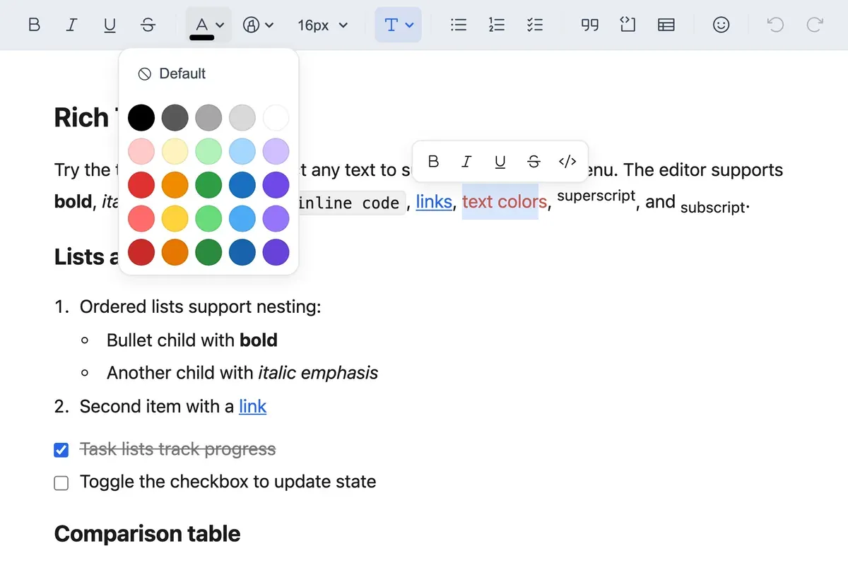 A grid colour palette open from the toolbar, with rows of text colour swatches and a reset option