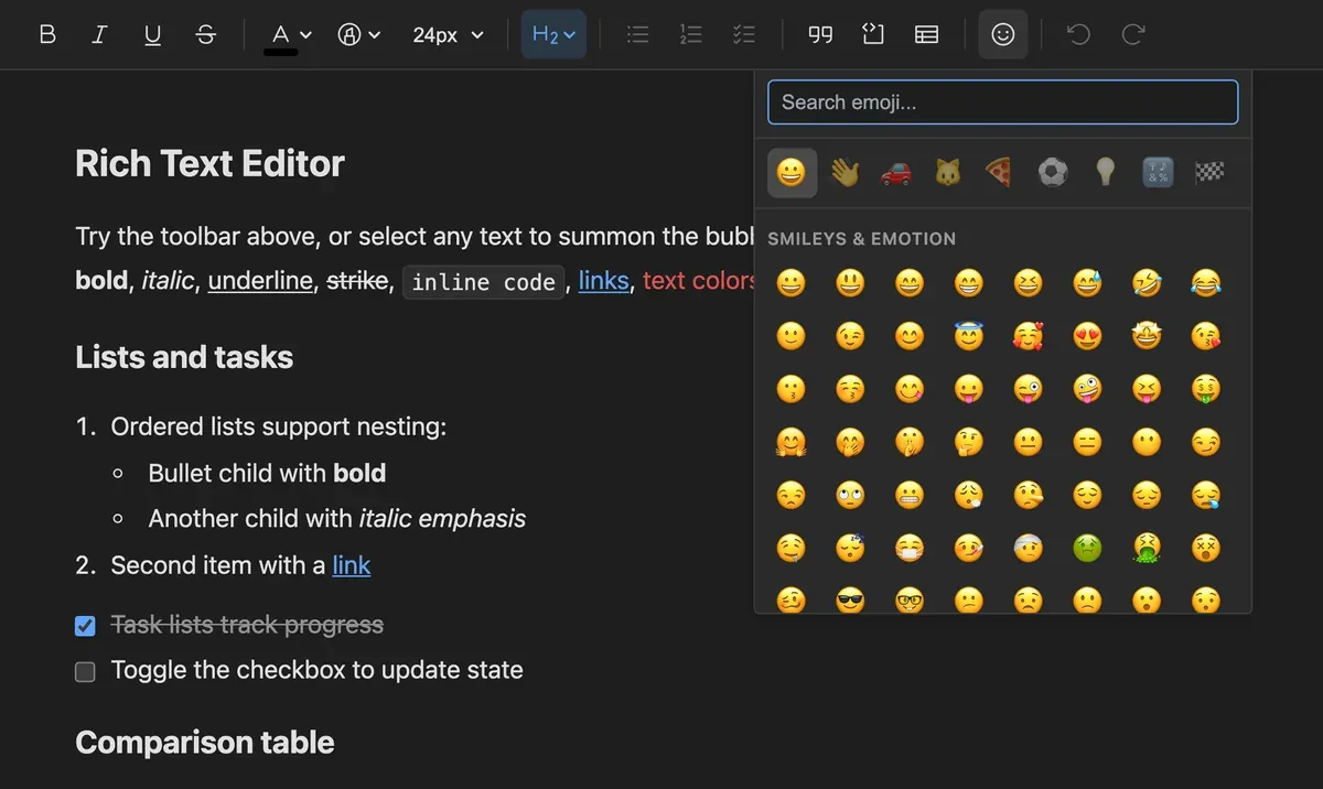 The emoji picker open from the toolbar, with a search field, category tabs and a grid of emoji