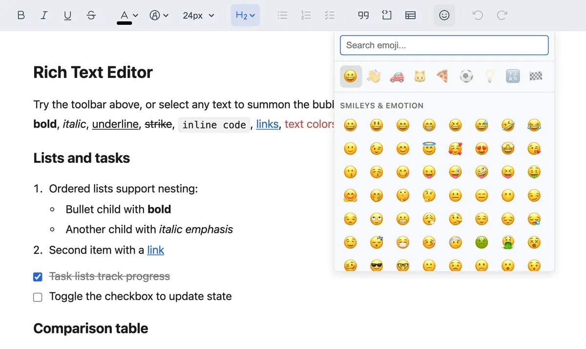 The emoji picker open from the toolbar, with a search field, category tabs and a grid of emoji
