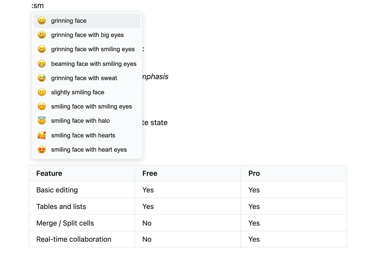 An inline emoji suggestion list open mid-sentence after typing a colon, each row showing the glyph next to its name