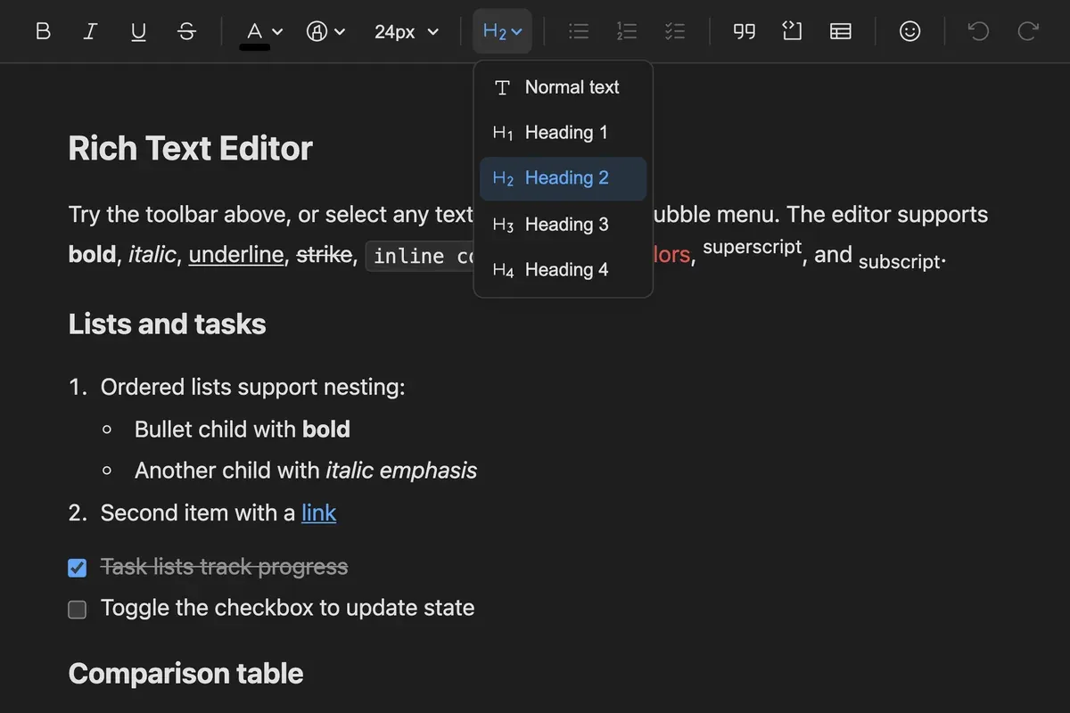 The heading dropdown open from the toolbar, listing paragraph and heading levels one through six