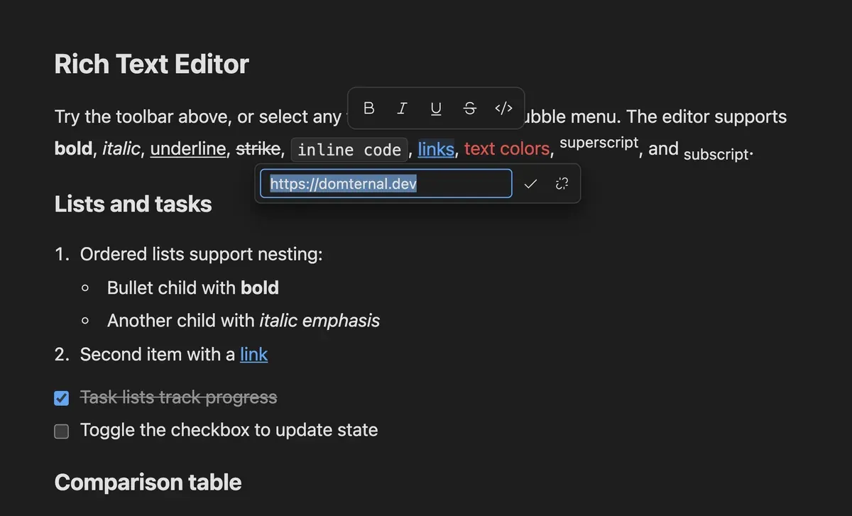A link popover open over a document, with the URL filled into a text field and Apply and Remove buttons beneath it