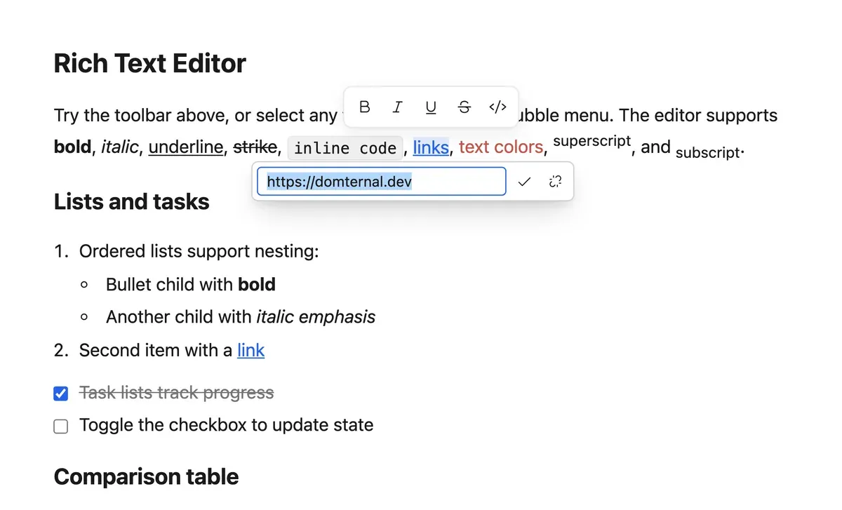 A link popover open over a document, with the URL filled into a text field and Apply and Remove buttons beneath it