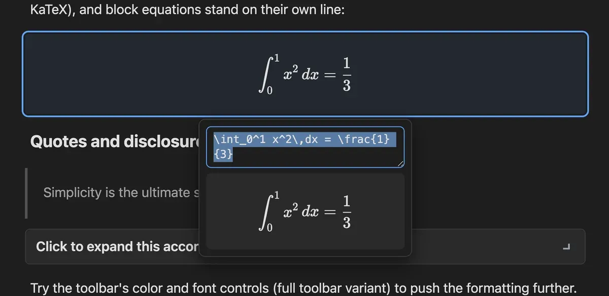 A selected block equation with an editing popover under it, holding the raw LaTeX in a text area above a live rendered preview