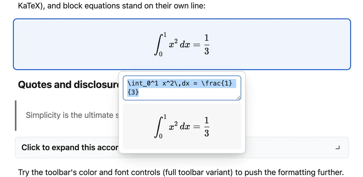 A selected block equation with an editing popover under it, holding the raw LaTeX in a text area above a live rendered preview
