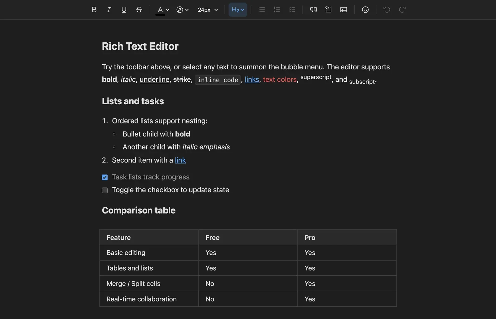 The classic Domternal editor with the full toolbar, showing formatted text, a nested list, a task list and a comparison table
