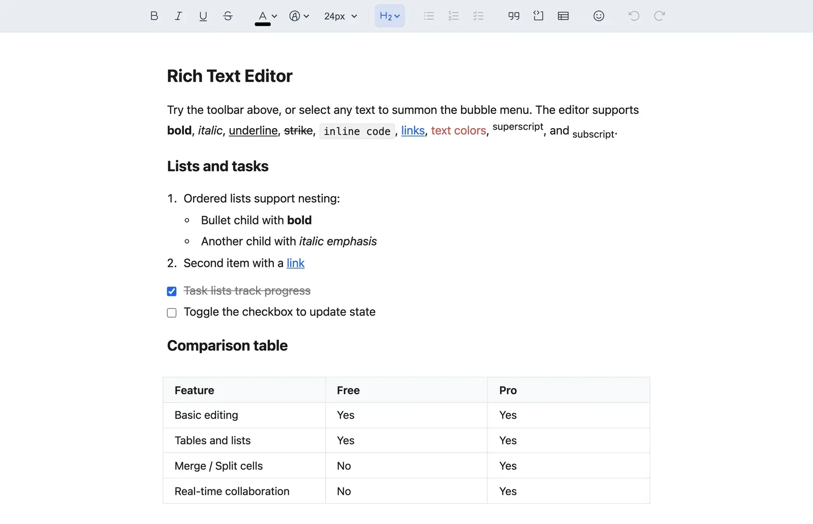 The classic Domternal editor with the full toolbar, showing formatted text, a nested list, a task list and a comparison table