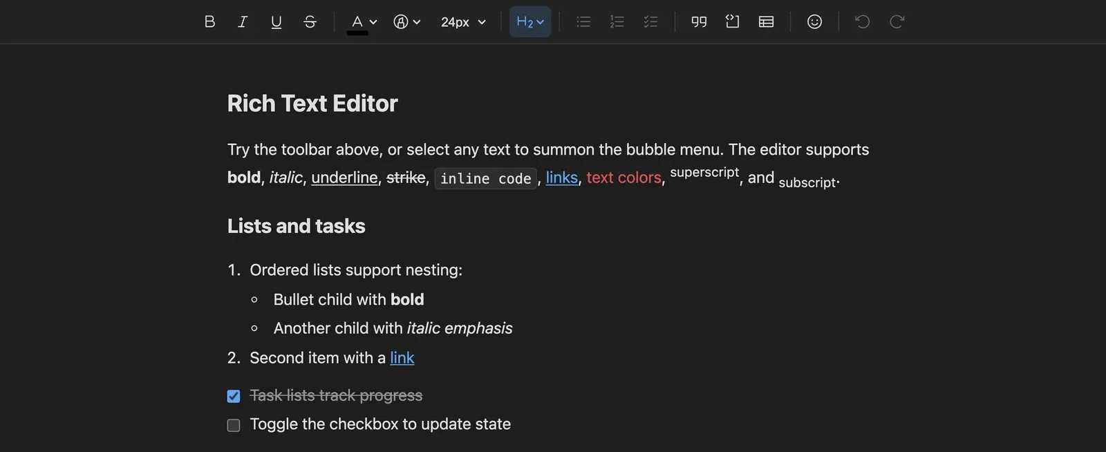 The Domternal toolbar showing text style, colour, font size, heading, list, quote, code, table and emoji controls above a document