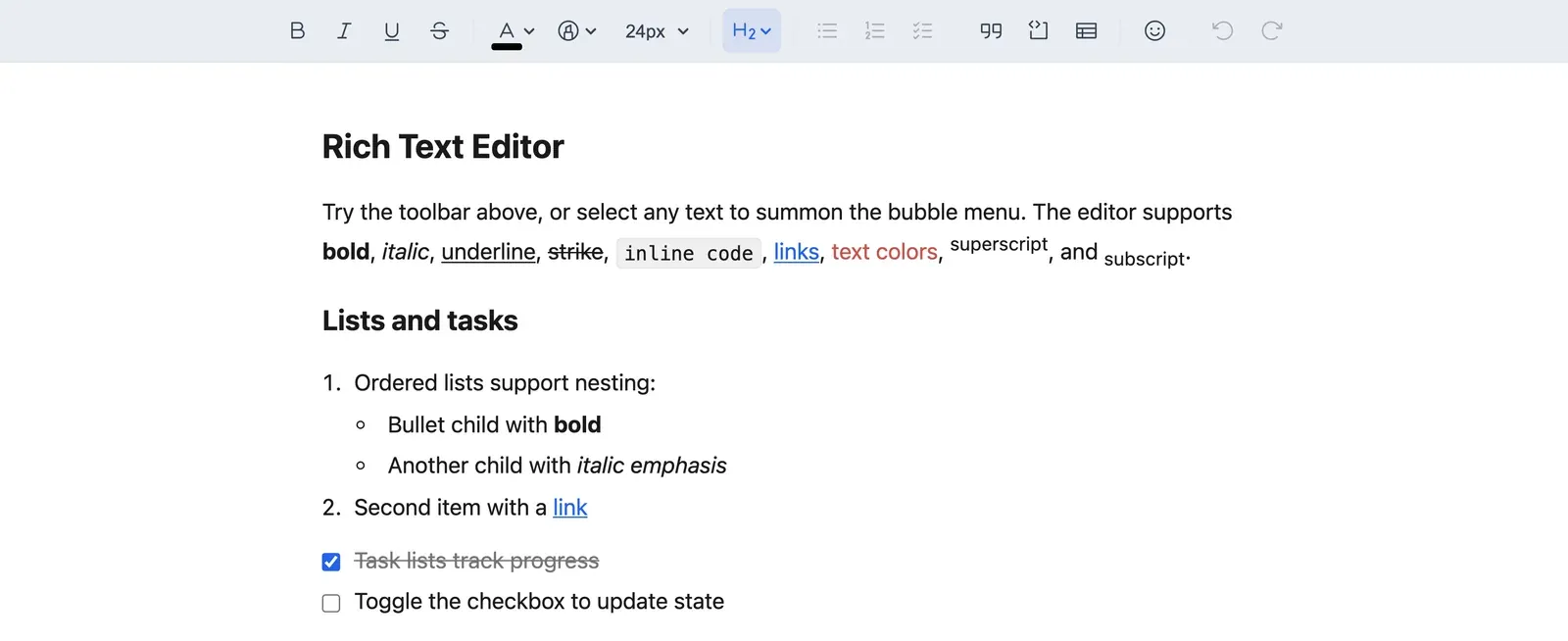 The Domternal toolbar showing text style, colour, font size, heading, list, quote, code, table and emoji controls above a document