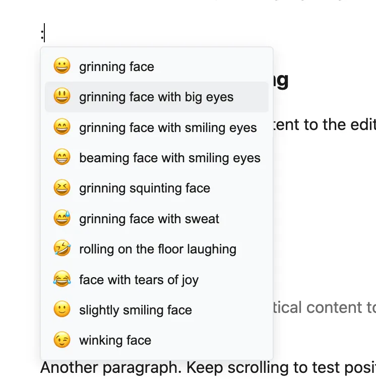 Emoji suggestion dropdown filtering results while typing a thumbs-up shortcode