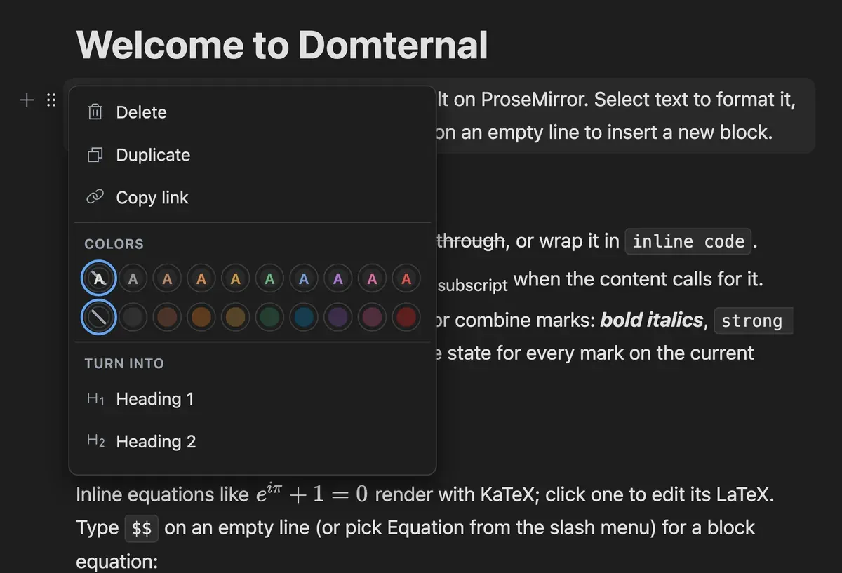 The block context menu open, showing Delete, Duplicate and Copy link, a two-row colour palette, and Turn into options