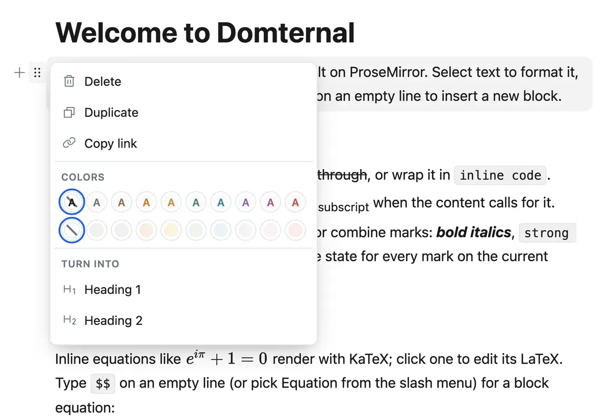The block context menu open, showing Delete, Duplicate and Copy link, a two-row colour palette, and Turn into options