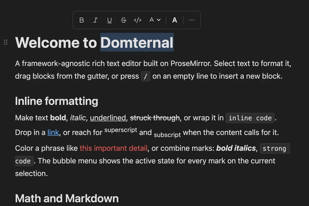 The bubble menu in Notion mode over a borderless centred document column, carrying alignment and inline maths alongside the mark buttons