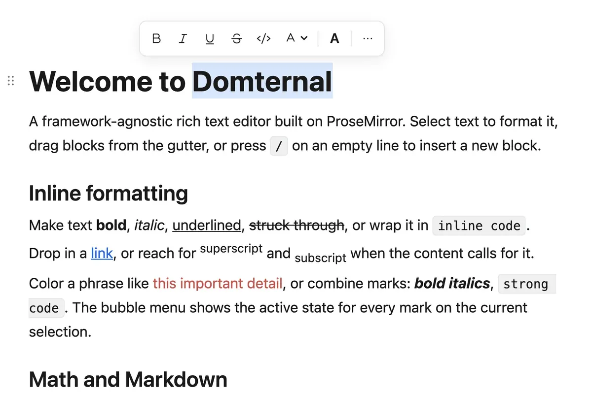 The bubble menu in Notion mode over a borderless centred document column, carrying alignment and inline maths alongside the mark buttons
