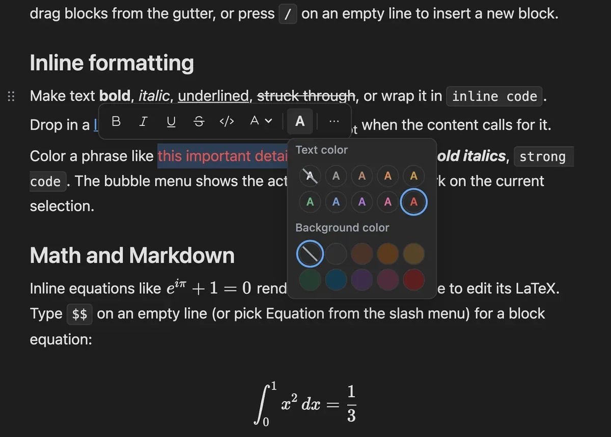 The Notion-style colour panel open from the bubble menu, with a text colour list above a background colour list
