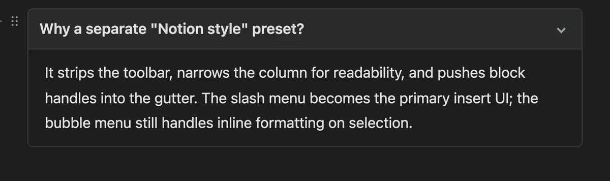 An expanded toggle block with a bold summary row, a chevron on the right, and a paragraph of body text inside it