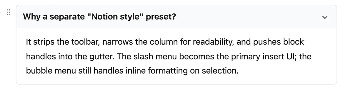 An expanded toggle block with a bold summary row, a chevron on the right, and a paragraph of body text inside it