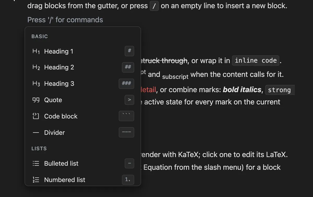 The floating insert menu open beside a block, with group headings and rows carrying an icon, a label and a shortcut