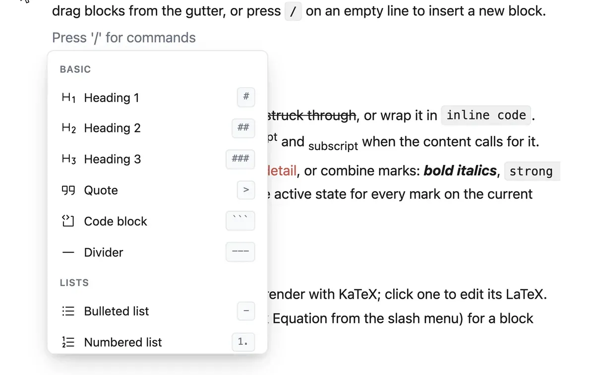 The floating insert menu open beside a block, with group headings and rows carrying an icon, a label and a shortcut