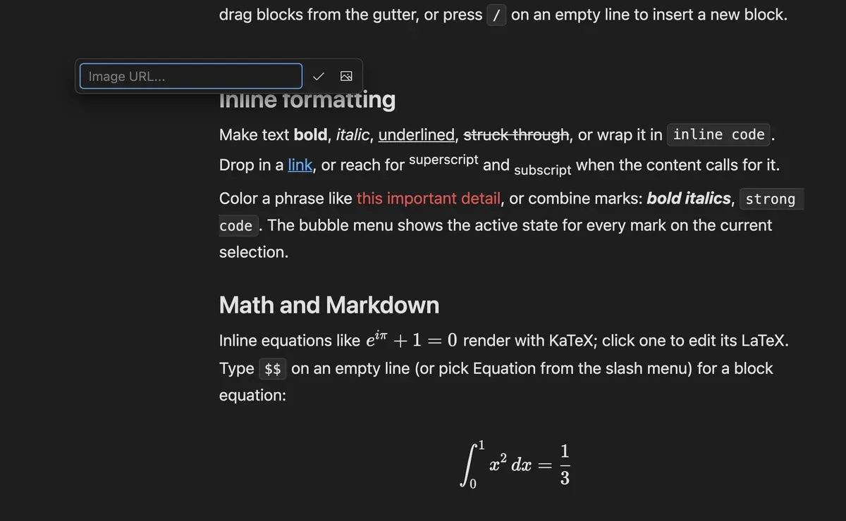An image popover with URL and alt text fields, a Browse button for a local file, and an Apply button