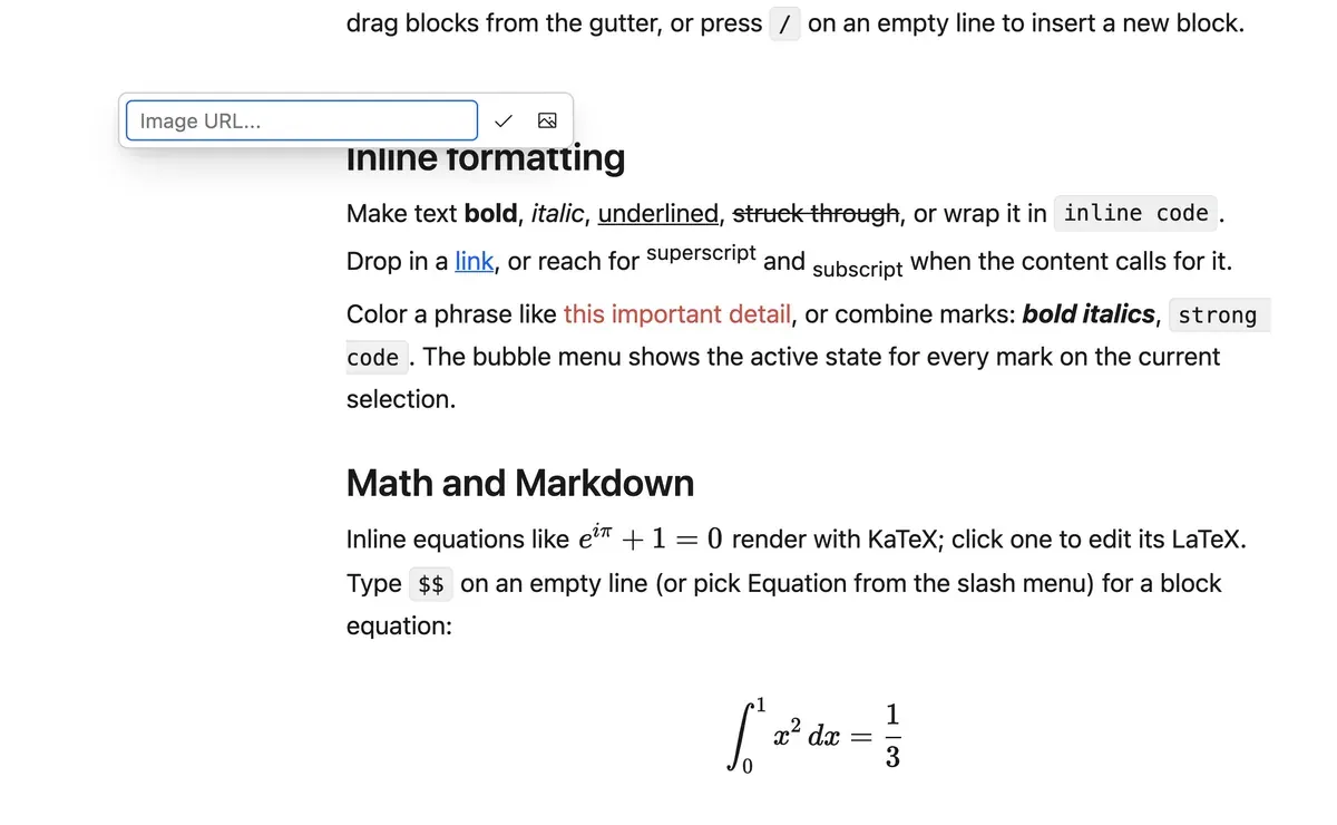 An image popover with URL and alt text fields, a Browse button for a local file, and an Apply button