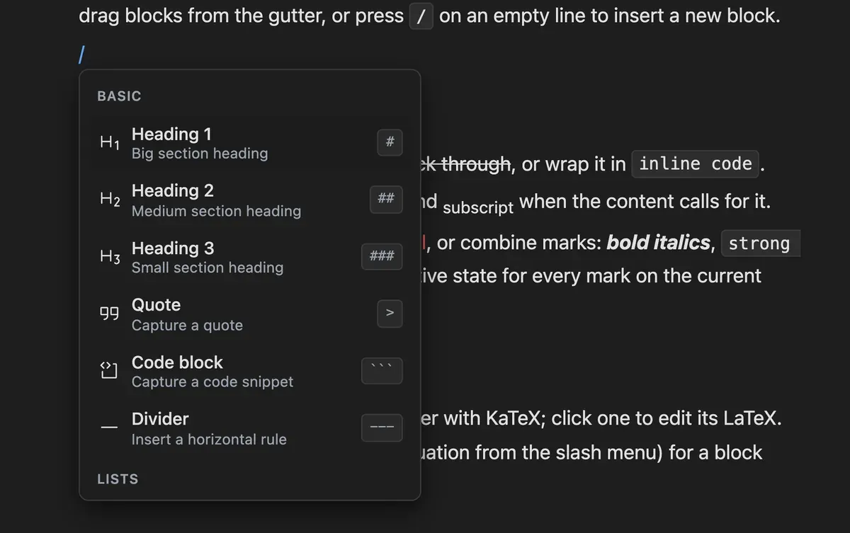 The slash command menu open on an empty line, listing block types with icons, labels, descriptions and keyboard shortcuts