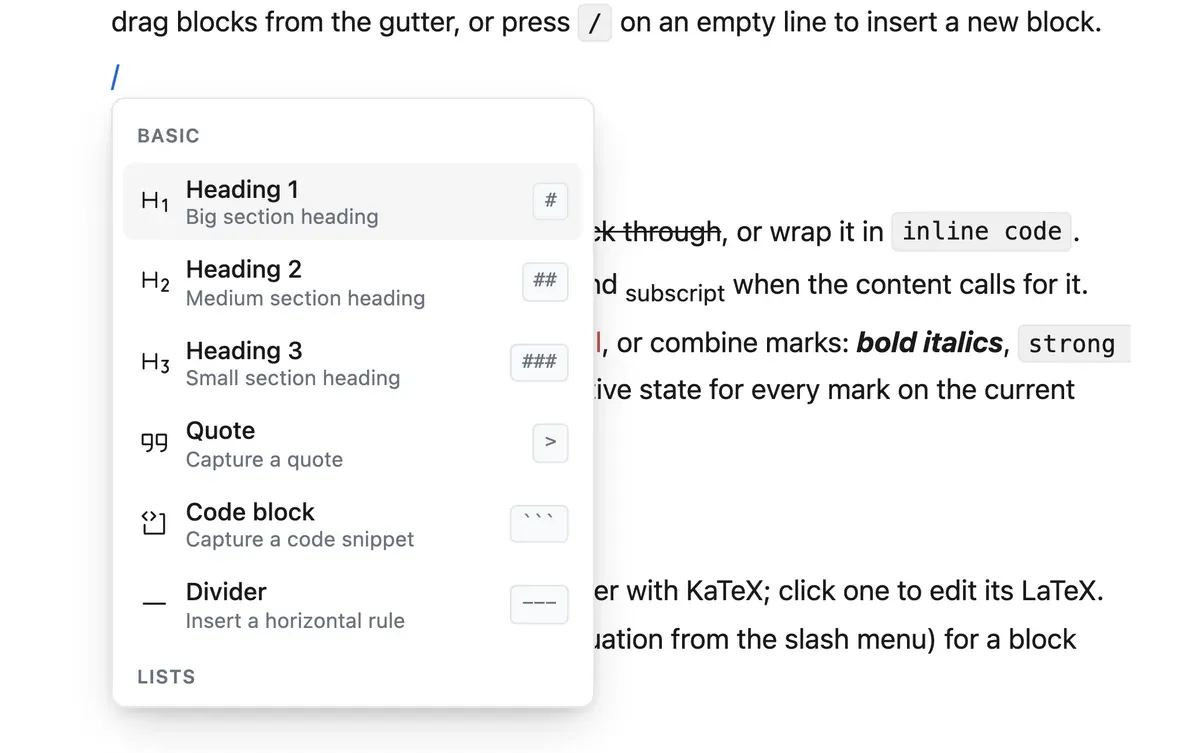 The slash command menu open on an empty line, listing block types with icons, labels, descriptions and keyboard shortcuts