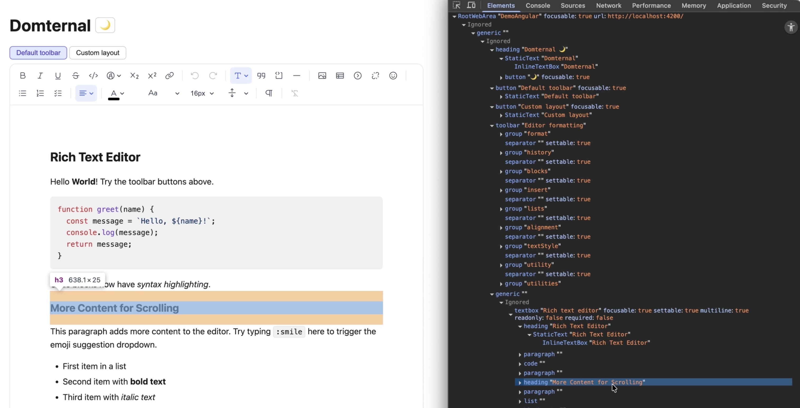 Chrome DevTools Accessibility tree showing the editor as textbox "Rich text editor" with multiline: true