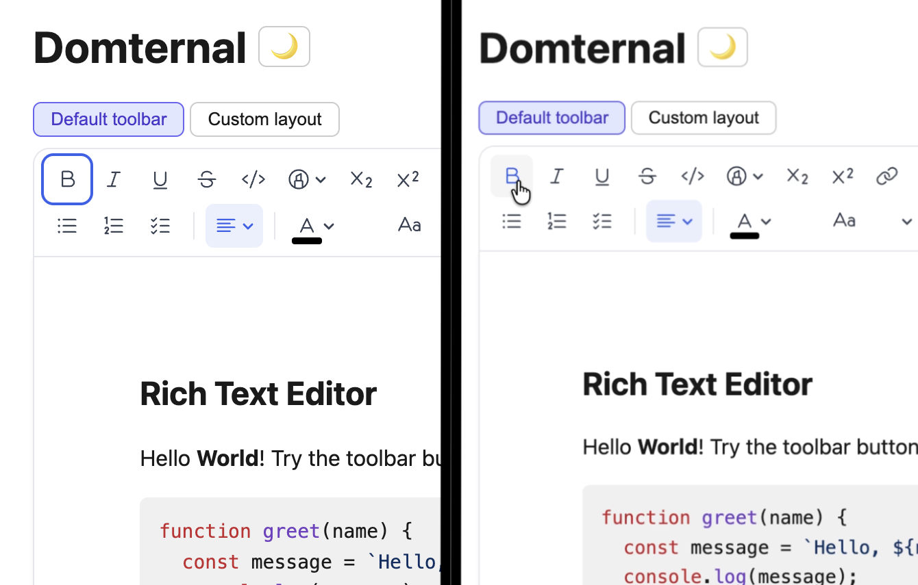 Keyboard focus shows a visible ring on the Bold button (left), mouse click does not (right)