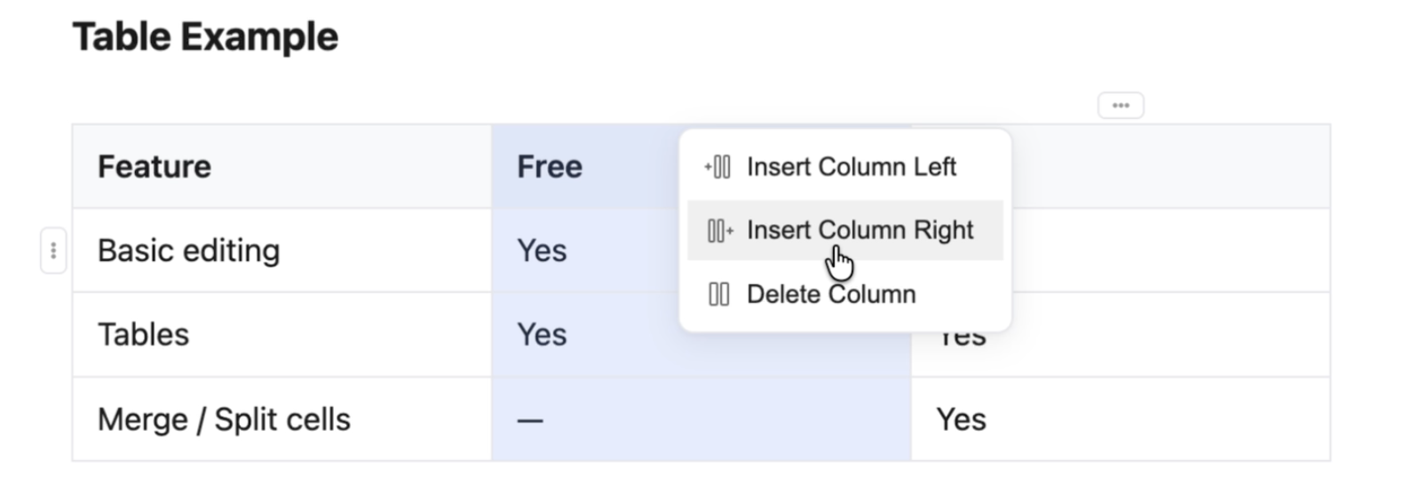 Table with column dropdown showing Insert and Delete options
