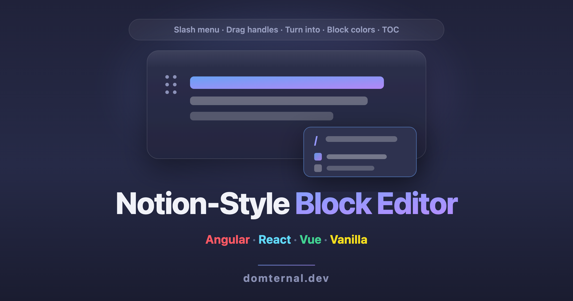 A Notion-style block editor with slash menu, drag handles, and a floating outline