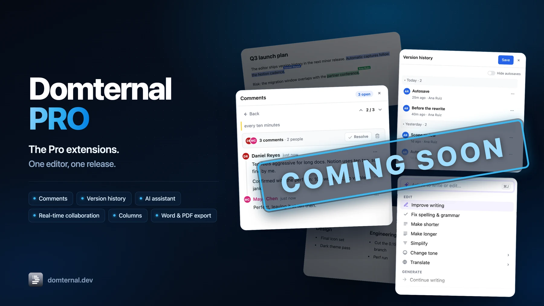 Domternal Pro announcement card, stamped Coming soon, showing the comments, version history and AI panels